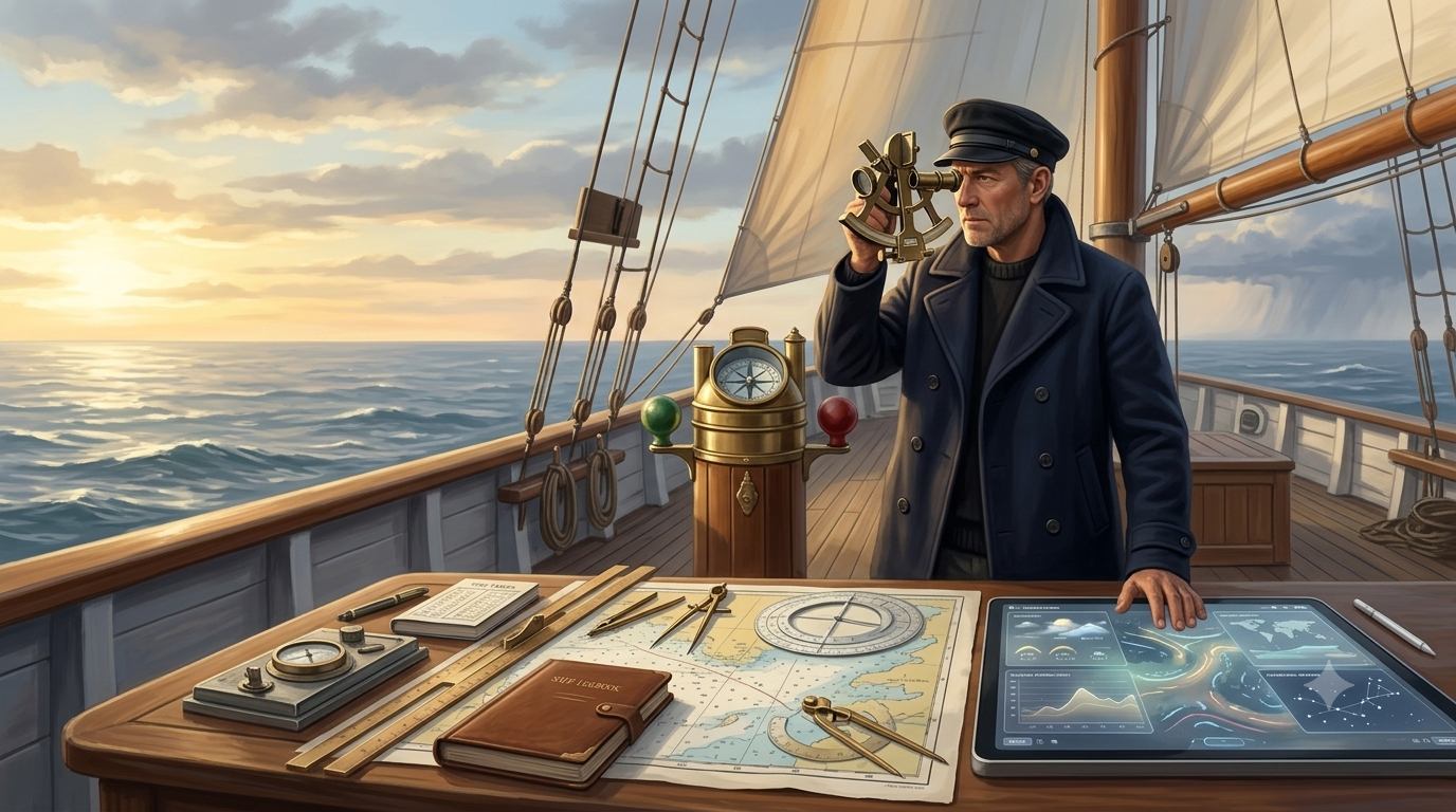 A navigator using a brass sextant on a sailing vessel beside charts, measuring tools, and a modern decision-support display at dawn